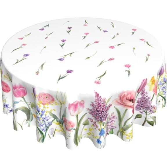 Spring Tulip Floral Tablecloth Round 60 Inch Colorful Watercolor Vintage Flowers Rustic Print Summer Seasonal Gift Print Decorative Washable Polyester Table Cloth for Party Picnic Home Kitchen Decor