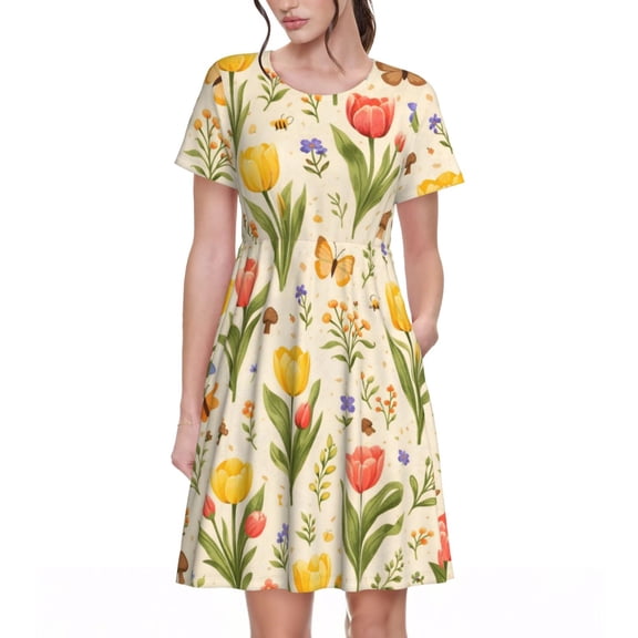 Spring Tulip Floral Women's Dresses Short Sleeve Nightdresses for Summer