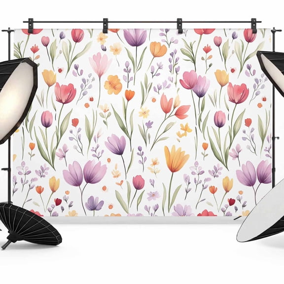 Spring Tulip Flower Backdrop for Photoshoot,Photography Photo Studio Background Wall Backdrop,Watercolor Spring Garden Fruit Leaf Back Drop Banner Panel for Portraits Wedding Live Streaming 10x8Ft
