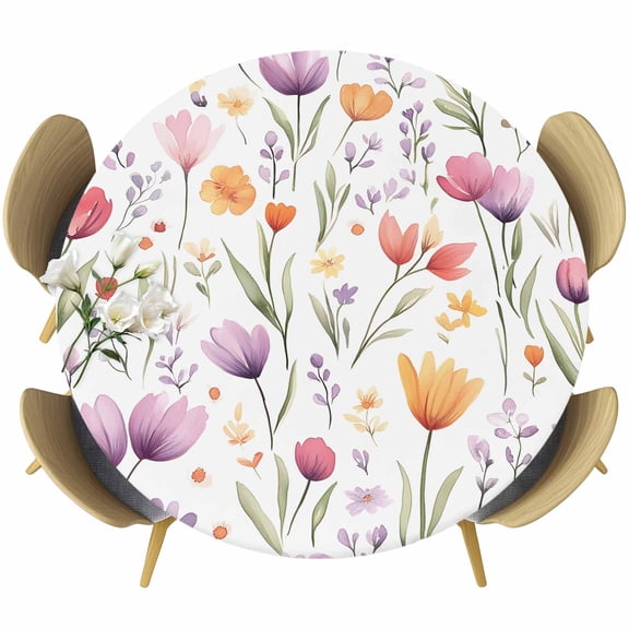 Spring Tulip Flower Round Tablecloth 36-44 Inch Round Fitted Table Cloth with Elastic Edge, Watercolor Spring Garden Fruit Leaf Waterproof Table Cover Protector for Outdoor Picnic Party Dining