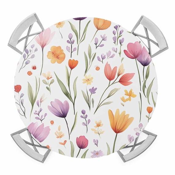 Spring Tulip Flower Round Tablecloth for 55-60 Inch Tables,Fitted Table Cover with Elastic Edge,Watercolor Spring Garden Fruit Leaf Waterproof Outdoor Table Cloth Protector for Patio Garden Dinner