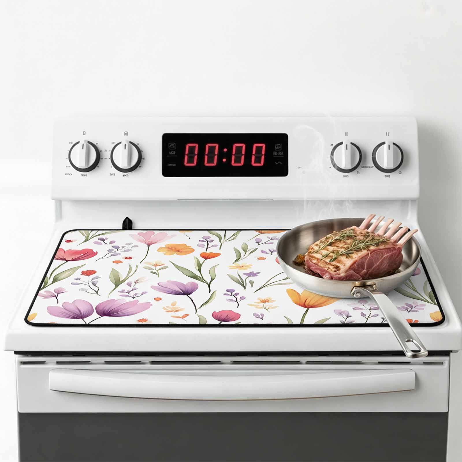 Spring Tulip Flower Stove Top Cover for Electric Stove, Heat-proof & Non Slip Glass Top Stove Cover Protector, Watercolor Spring Garden Fruit Leaf Kitchen Flat Cooktop Rubber Mat 24x21 Inches