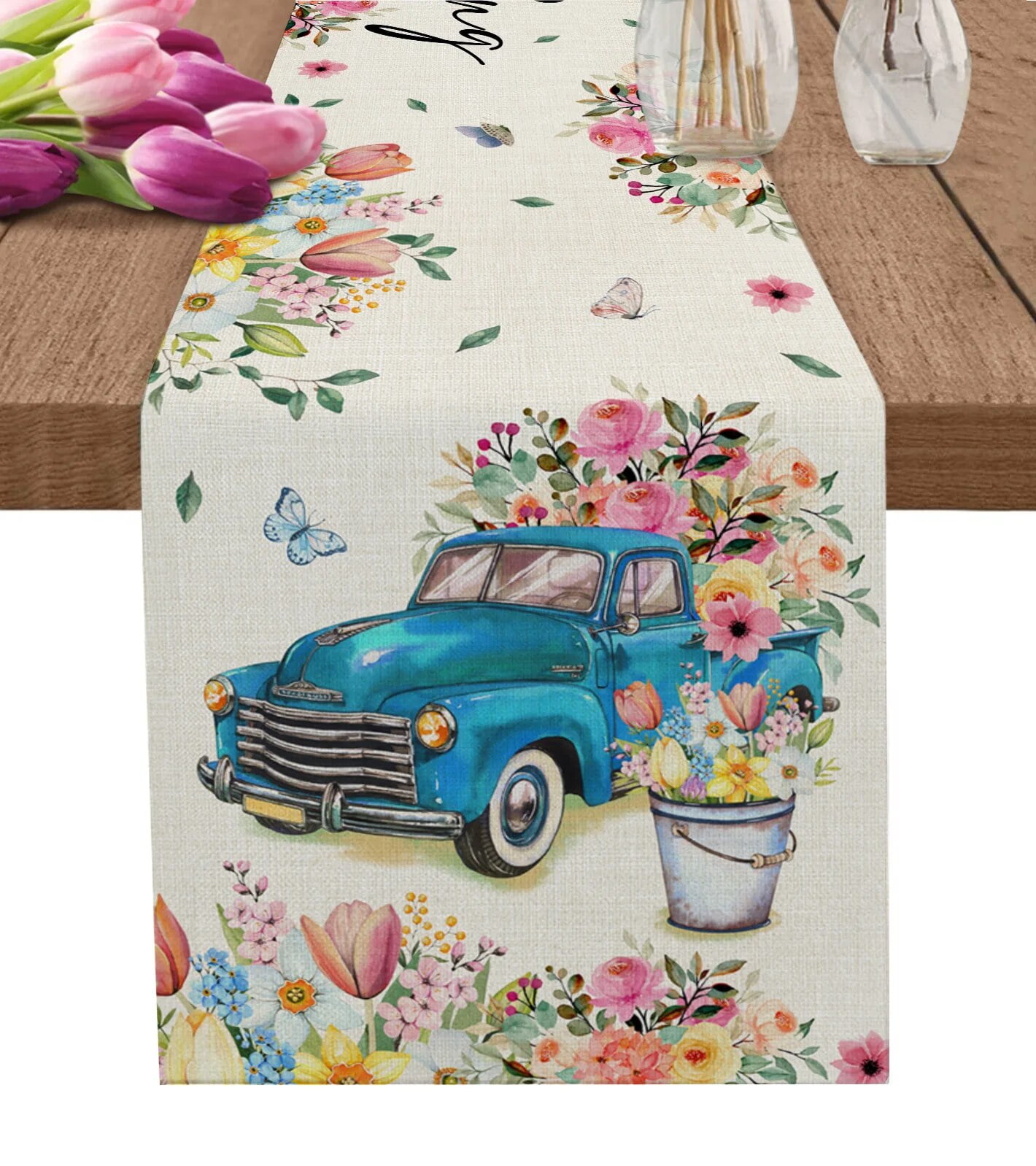 Spring Tulip Flower Truck Table Runner Modern Tablecloths Home Wedding
