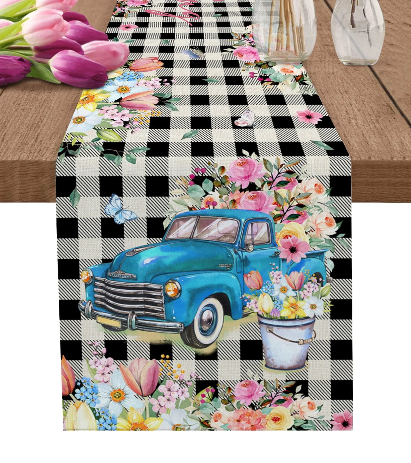Spring Tulip Flower Truck Table Runner Modern Tablecloths Home Wedding
