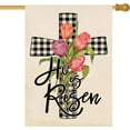 thumbnail image 1 of Spring Tulip Flowers House Flag Double Sided Buffalo Plaid Cross He is Risen Religious Garden Flag Spring Easter Seasonal Outdoor Outside Yard Lawn Decoration 28x40 Inch, 1 of 6