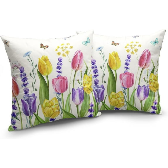 Spring Tulip Flowers Pillow Covers 16x16 Inch Set of 2 Summer Colorful Floral Throw Pillow Cover Spring Decorations Cushion Case for Sofa Couch Home Decor