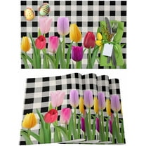 Spring Tulip Garden Placemats Set of 6, Mothers Day Buffalo Plaid Non-Skid Place mats Stain-Resistant Table Mats, Washable Tablemats for Party/Dining Room/Kitchen Decorations