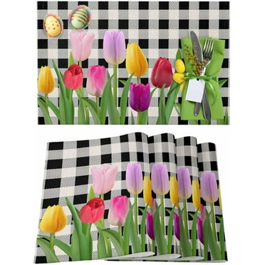 Spring Tulip Garden Placemats Set of 6, Mothers Day Buffalo Plaid Non-Skid Place mats Stain-Resistant Table Mats, Washable Tablemats for Party/Dining Room/Kitchen Decorations