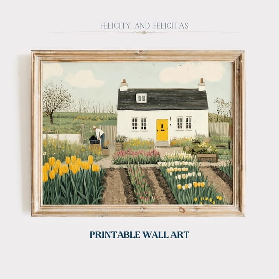 Spring Tulip Garden Wall Art, Yellow Tulip Illustrations, Spring Farmhouse Decor, Springtime Illustrations, Wall Art, Modern Wall Decor, 12x18 UNFRAMED