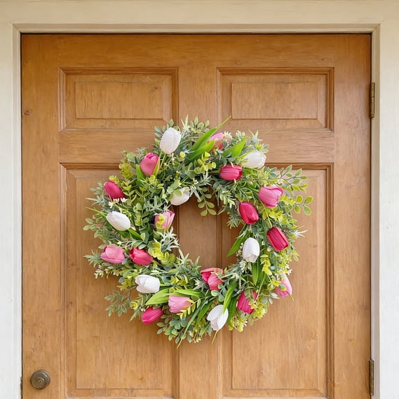 Spring Tulip And Greenery Artificial Door Wreath, Eye‑Catching Floral Crown For Front Door Or Fireplace, Indoor Outdoor, Wedding Birthday Party And Venue Accent, Low Maintenance, Realistic Look