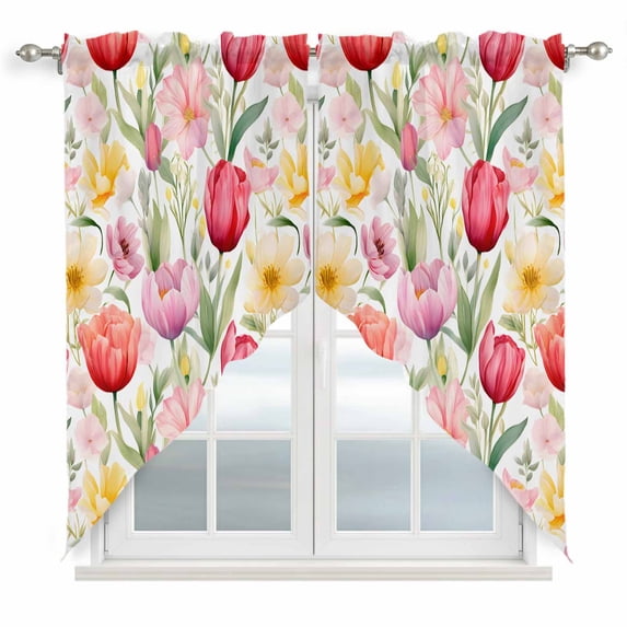 Spring Tulip Kitchen Window Curtains, Swag Curtains Valance for Bedroom Living Room Bathroom, Summer Floral Botanical Elegant Rod Pocket Window Treatment Curtain Block Drapes 2 Panels 36"x45"