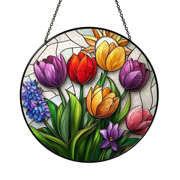 Spring Tulip Landscape Window Art Faux Stained Glass