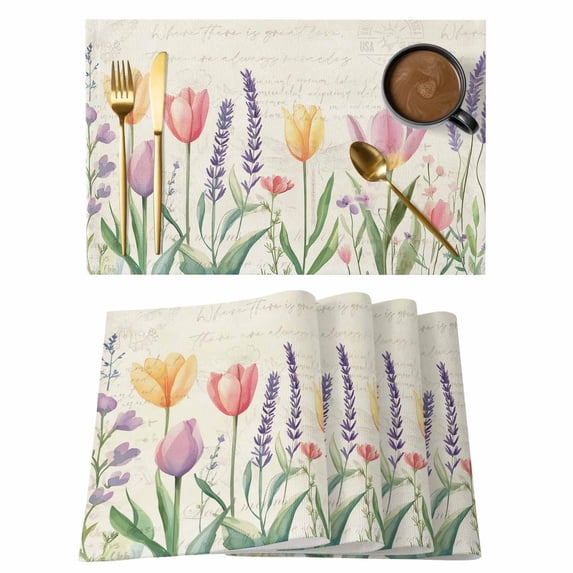 Spring Tulip Placemats Set of 8, Colored Flower Plant Linen Texture Non-Slip Place Mats Washable Table Mats for Kitchen Dining Table Decorations Indoor/Outdoor