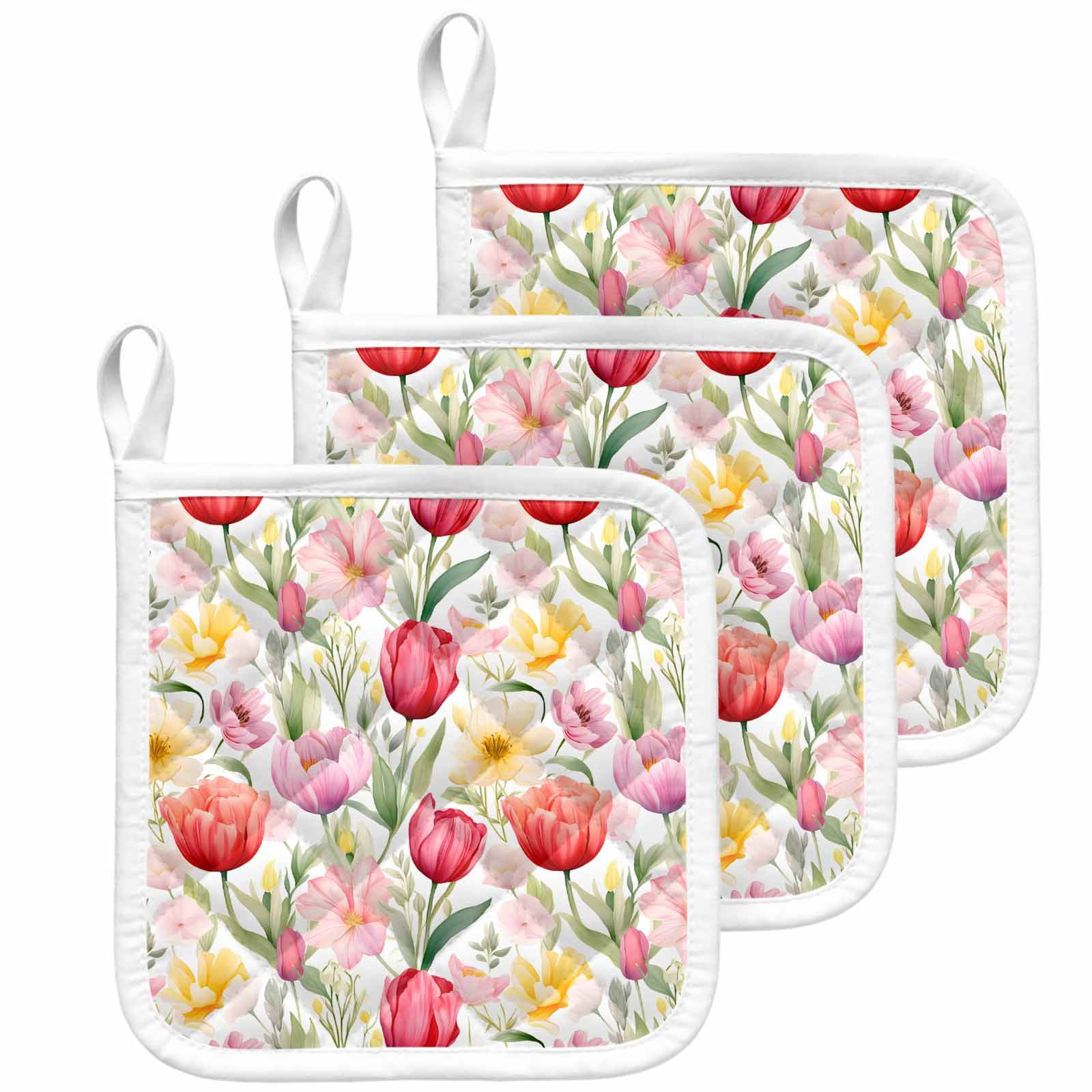 Spring Tulip Pot Holders for Kitchen Heatproof Potholder, 3 Pack Summer Floral Botanical Elegant Hot Pads Multipurpose Oven Pads Cloth Potholders Trivet for Cooking Baking