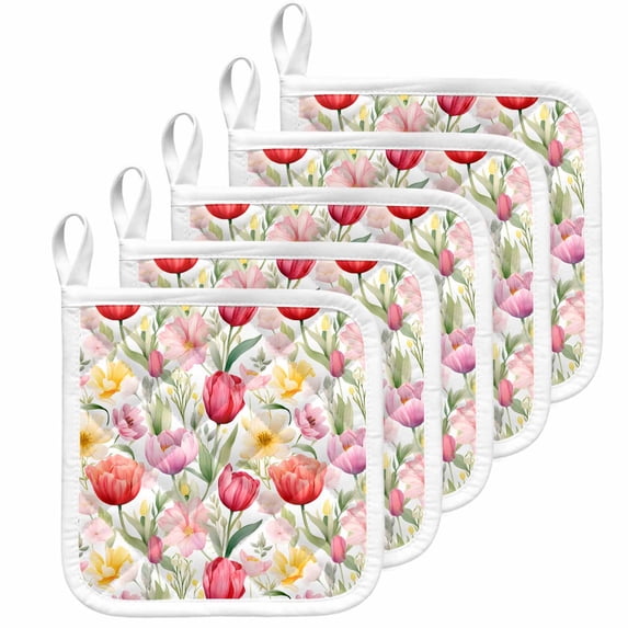 Spring Tulip Pot Holders for Kitchen Heatproof Potholder, 5 Pack Summer Floral Botanical Elegant Hot Pads Multipurpose Oven Pads Cloth Potholders Trivet for Cooking Baking