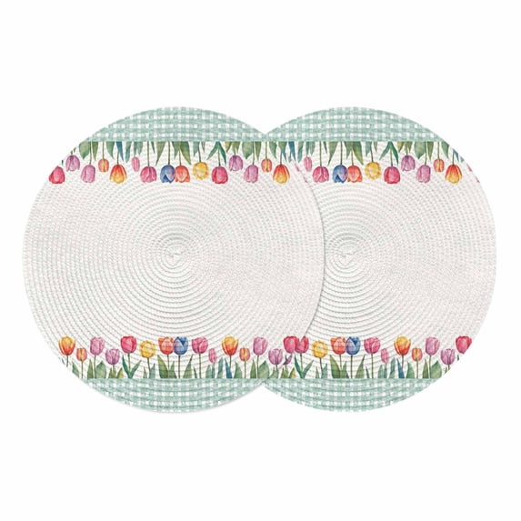Spring Tulip Round 13 Inch Placemats Set of 2, Botanical Budding Flowers Green Lattice HeatResistant Non Slip Place Mats for Dining Table, Wipeable Braided Kitchen Table Mats for Housewarming