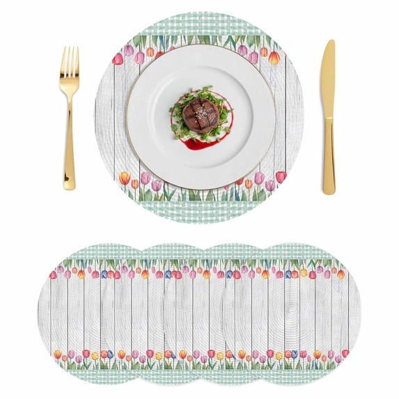 Spring Tulip Round 15 Inch Placemats Set of 4, Botanical Flowers Wooden Plank Green Check HeatResistant Non Slip Place Mats for Dining Table, Wipeable Braided Kitchen Table Mats for Housewarming