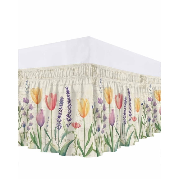 Spring Tulip Ruffle Bed Skirt Queen Size Colored Flower Plant Linen Texture Adjustable Elastic Dust Bed Skirts Wrap Around Bedskirt Wrinkle Free Easy Fit with 18 Inch Drop