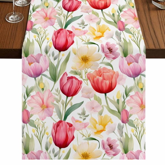 Spring Tulip Short Table Runner 36 Inches Long, Summer Floral Botanical Elegant Cotton Linen Table Runners Dresser Scarves, Fabric Tabletop Scarf Furniture Cover for Home Dinner Party Decor 13"x36"