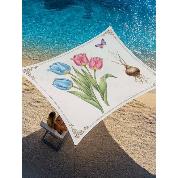Spring Tulip Sun Shade Sail 12' x 16', Country Watercolor Pink Blue Flowers Leaf Butterfly Rectangle Outdoor Sunshade Canopy, Waterproof UV Block Patio Covers for Garden Yard Beach