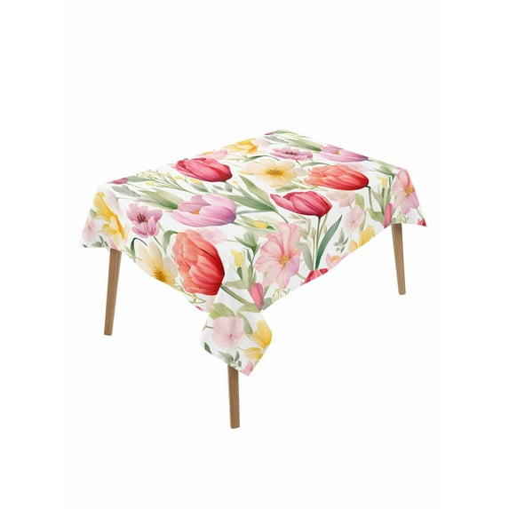 Spring Tulip Table Cloth, Summer Floral Botanical Elegant Waterproof Tablecloth for Rectangle Tables, Reusable Washable Fabric Table Cover for Restaurant Kitchen Dining Tables 60"x102"