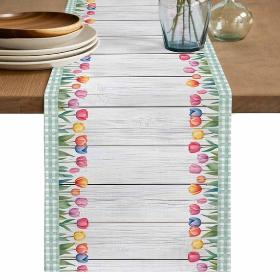 Spring Tulip Table Runner 72 Inches, Botanical Flowers Wooden Plank Green Check Bed Runner Dresser Scarves Tabletop for Indoor Outdoor Parties/Ceremony/Banquet, 13" x 72"