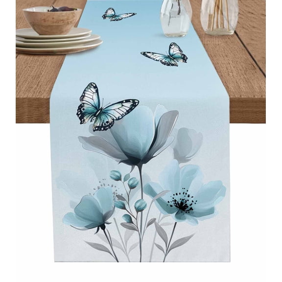 Spring Tulip Table Runner Cotton Linen 48 Inch Holiday Dresser Scarves, Pastoral Rustic Chic Butterfly Floral Tablerunner for Kitchen Coffee Dining Bedroom Living Room Dinner Scarf Décor 13''x48''