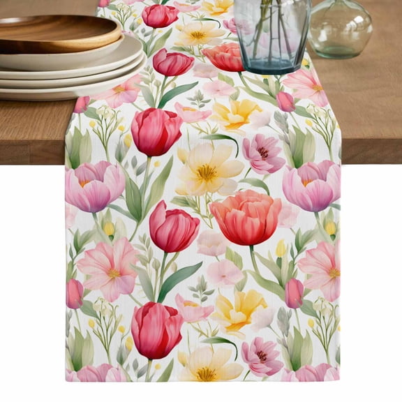 Spring Tulip Table Runner, Summer Floral Botanical Elegant Washable Cotton Linen Table Runners 36 Inches Long, Dresser Scarf Runner for Nightstand/End Tables/Round Tables 13''x36''