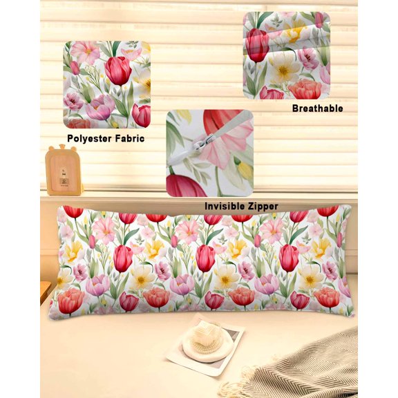 Spring Tulip Throw Pillow Covers, Summer Floral Botanical Elegant Soft Breathable Pillow Cases with Invisible Zipper for Sleeping, Long Body Pillowcases for Couch Bed Sofa Chair 20x60 Inches