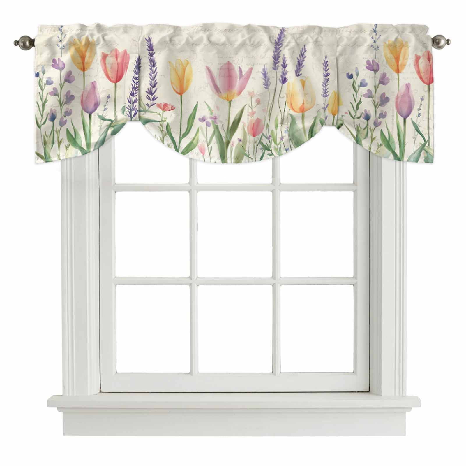 Spring Tulip Tie Up Valances Curtain, Colored Flower Plant Linen Texture Adjustable Rod Pocket Short Window Treatment Tie Up Curtains Valances for Kitchen Living Room Bathroom 54x18 Inches