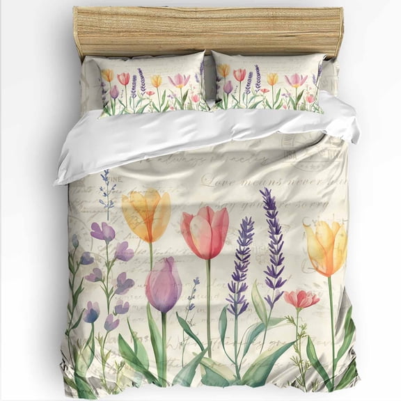 Spring Tulip Twin Size Comforter Set, Colored Flower Plant Linen Texture Soft Bedding for All Seasons, 4 Pcs Bed Set with 1 Comforter (68"x86") ,1Sheet(66"x116"), 2 Pillowcases (19"x29")