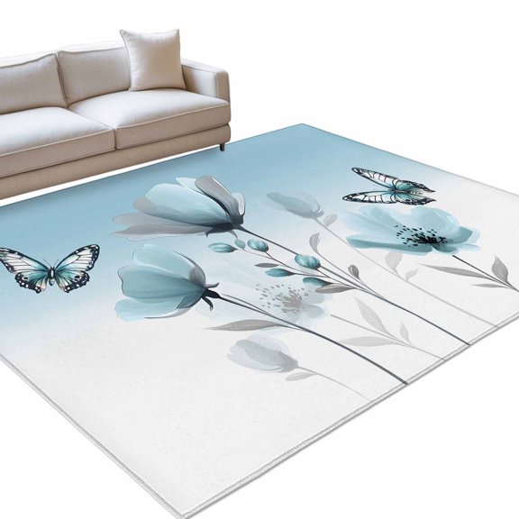 Spring Tulip Washable Rug 5x8 Area Rug for Living Room Bedroom Non Slip Indoor Floor Rectangle Carpet Soft Low Pile Large Pastoral Rustic Chic Butterfly Floral Entryway Rugs for Dining Room Office