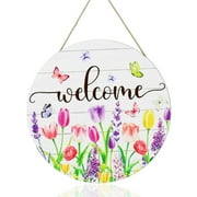 Spring Tulip Welcome Sign for Front Door Decor, Pink Purple Floral Butterfly Welcome Door Sign, Seasonal Flower Wooden Door Hangers, Farmhouse Wreath Hanging Signs Decoration for Porch Yard
