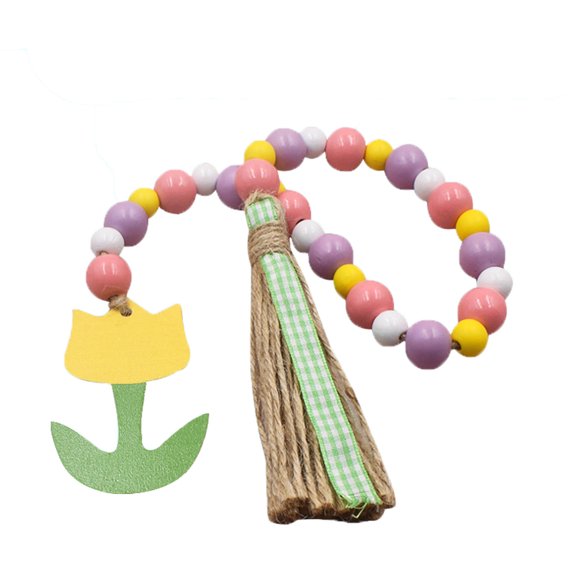 Spring Tulip Wooden Bead Garlamd with Tassel, Farmhouse Rustic Decor for Tiered Tray, Table Centerpiece, Easter & Home Shelf Display, Boho Beaded Hanging Ornament