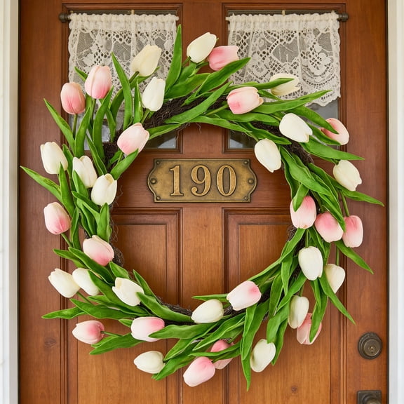Spring Tulip Wreath for Front Door Artificial Floral Wreath with White Tulips and Greenery 21 Inch Decorative Wreath for Home Decor Wall Entryway Easter and Mother's Day Decorations