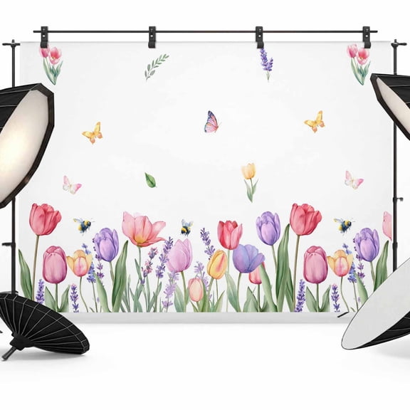 Spring Tulips Backdrop for Photoshoot, Photography Photo Studio Background Wall Backdrop, Colorful Floral Spring Farmhouse Back Drop Banner Panel for Portraits Wedding Live Streaming Decor 7x5Ft