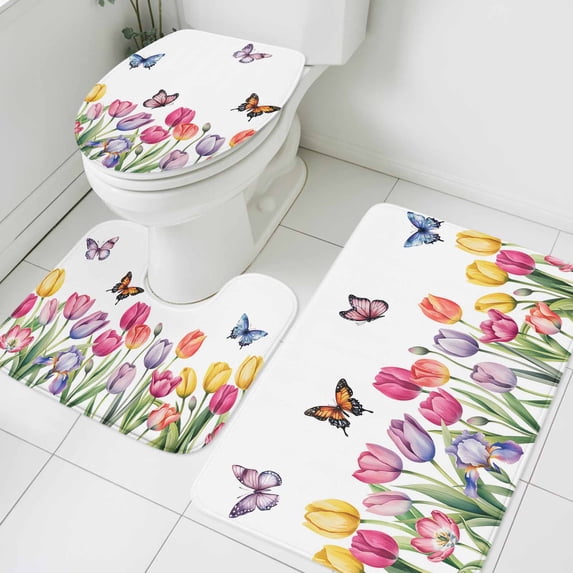 Spring Tulips Bathroom Rugs Set Watercolor Pink Red Purple Floral Leaf Butterfly Non Slip Absorbent Soft Bath Mats 3 Piece Set with Bathroom Rug, U-Shaped Floor Mat, Toilet Seat Cover Large Size