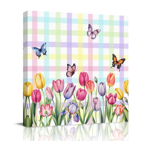 Spring Tulips Canvas Wall Art for Living Room, Watercolor Colorful Floral Leaf Butterfly Rainbow Plaid Poster Print Painting for Bedroom Office Home Decoration Wall Pictures Prepare To Hang 8"x8"