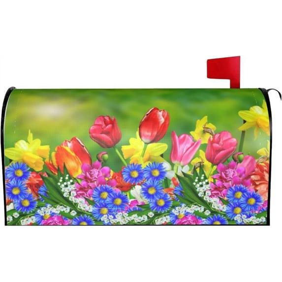 Spring Tulips Colorful Flowers Waterproof Mail Cover Magnetic Mailbox Wraps Post Letter Box Cover for Garden Home Decor 25.5x21 in