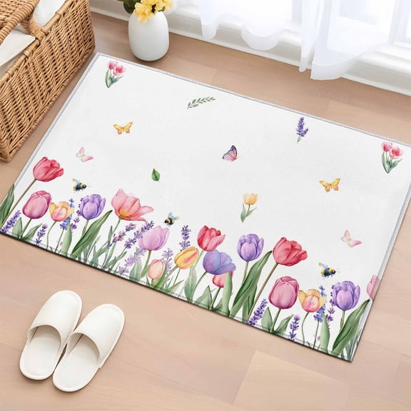 Spring Tulips Entryway Rug 2'x3'&nbsp; Non Slip Front Door Mats, Colorful Floral Spring Farmhouse Entrance Rugs Indoor Outdoor Carpet, Washable Floor Mats Small Area Rug for Bedroom Kitchen