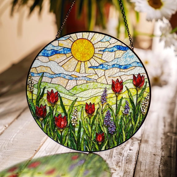 Spring Tulips Field Sun Catcher Round Glass Window Art Gift For Nature Lovers, Suncatcher Window Hanging, 7.9 in