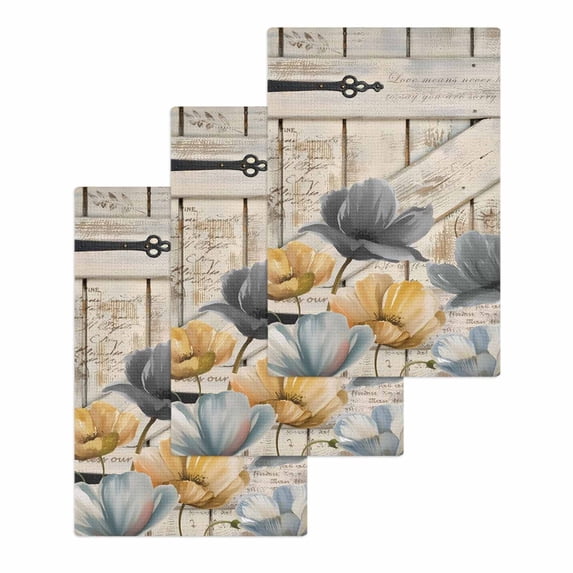 Spring Tulips Flower Kitchen Dish Towels for Drying Dishes Set of 3, Vintage Floral Barn Doors Rustic Beige Waffle Weave Microfiber Hand Tea Bathroom Towels Quick Dry & Absorbent Towel 15.7x23.6