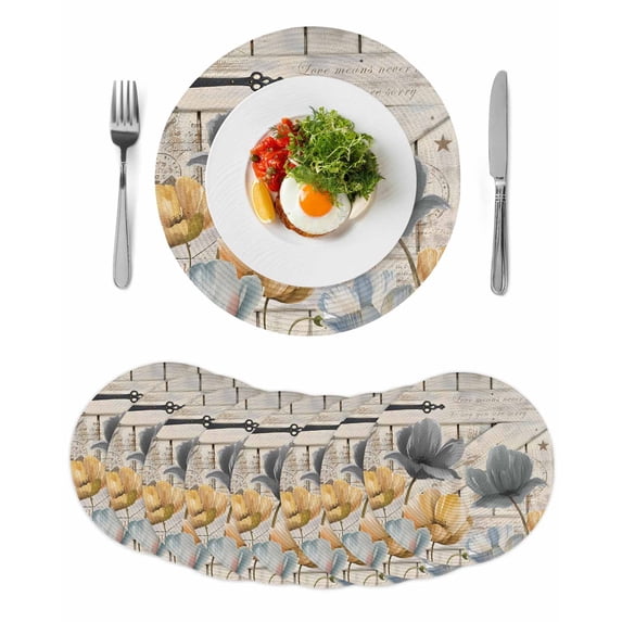 Spring Tulips Flower Round 15 Inch Placemats Set of 8, Vintage Floral Barn Doors Rustic Beige HeatResistant Non Slip Place Mats for Dining Table, Wipeable Braided Kitchen Table Mats for Housewarming