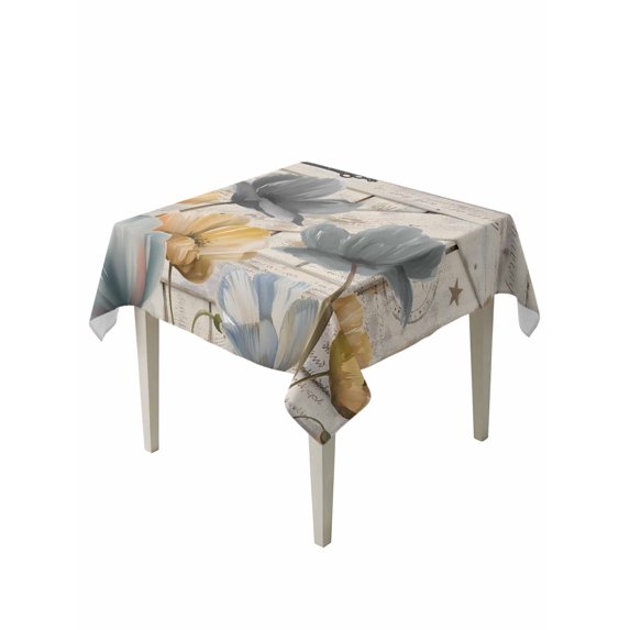 Spring Tulips Flower Suqare Tablecloth - 60 x 60 Inch, Vintage Floral Barn Doors Rustic Beige Waterproof & StainResistant Tablecloth, Washable Oil-proof Table Cover for Dining/Party/Wedding/Buffet