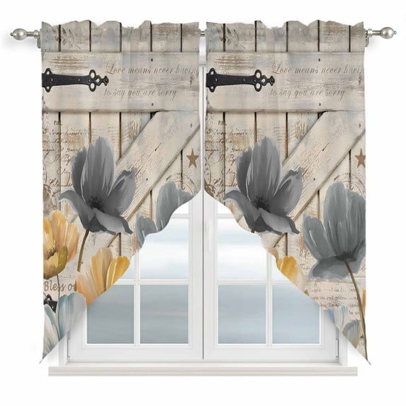 Spring Tulips Flower Swag Valances for Windows, Kitchen Window Curtains Over Sink, Vintage Floral Barn Doors Rustic Beige Window Treatment Curtains for Living Room/Bedroom 2 Panel Sets 36"x45"