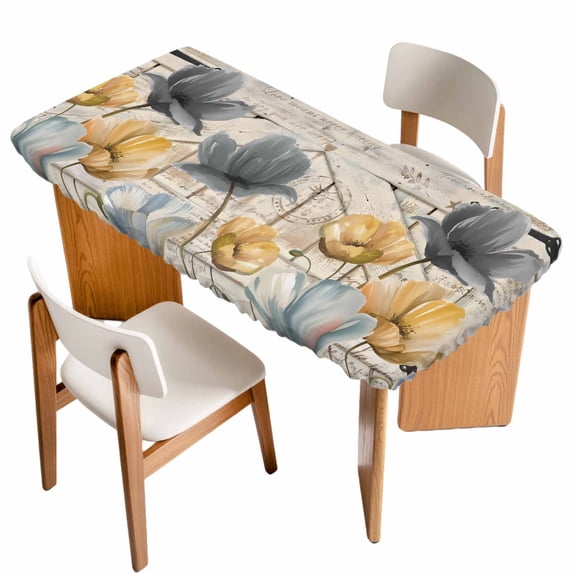 Spring Tulips Flower Table Cloths for 4 Foot Rectangle Tables, Vintage Floral Barn Doors Rustic Beige Patio Waterproof Elastic Fitted Tablecloths, Washable Rectangular Table Cover for Camping