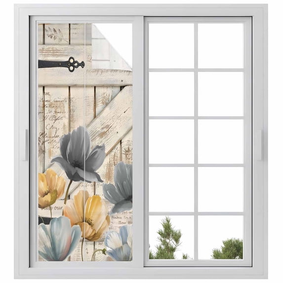 Spring Tulips Flower Window Privacy Film, Vintage Floral Barn Doors Rustic Beige Static Cling UV Sun Blocking Heat Control Window Tint Day and Night, Non-Adhesive One Way Privacy Cover 23.6''x59''