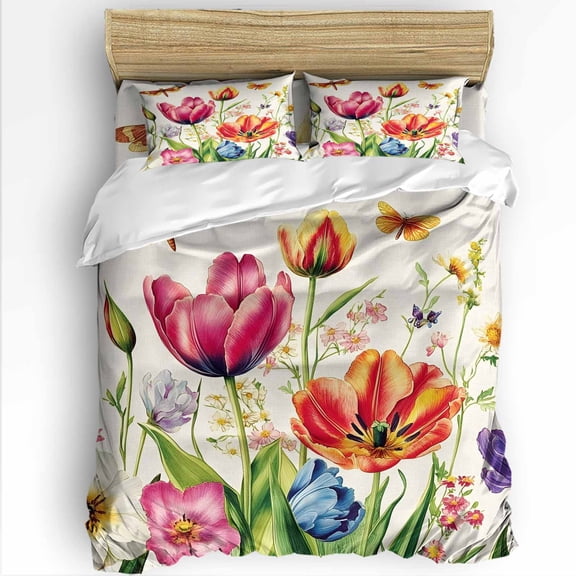 Spring Tulips Full Size Comforter Set, Dragonfly Flower Plant Pastoral Soft Bedding for All Seasons, 4 Pcs Bed Set with 1Comforter (86"x86") ,1 Sheet(80"x116"), 2 Pillowcases (19"x29")