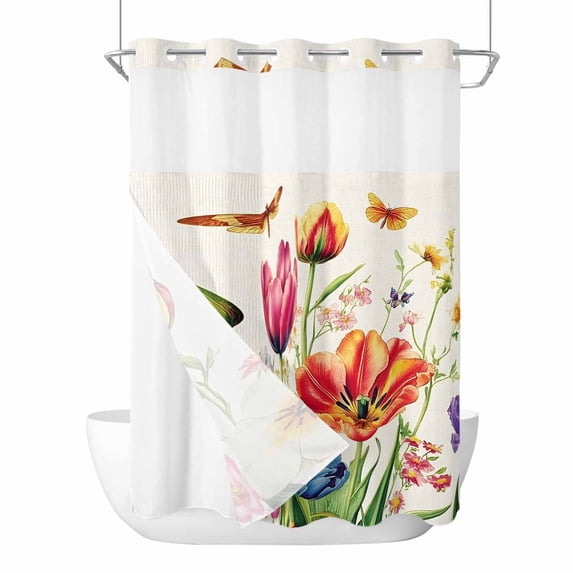 Spring Tulips No Hooks Shower Curtain with Snap-in Liner Dragonfly Flower Shower Curtains for Bathroom, Waterproof, Easy Install, Washable 72"x84"