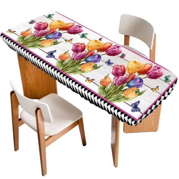 Spring Tulips Table Cloths for 8 Foot Rectangle Tables, Colorful Flowers Botanical Butterfly Farm Wooden Patio Waterproof Elastic Fitted Tablecloths, Washable Rectangular Table Cover for Camping